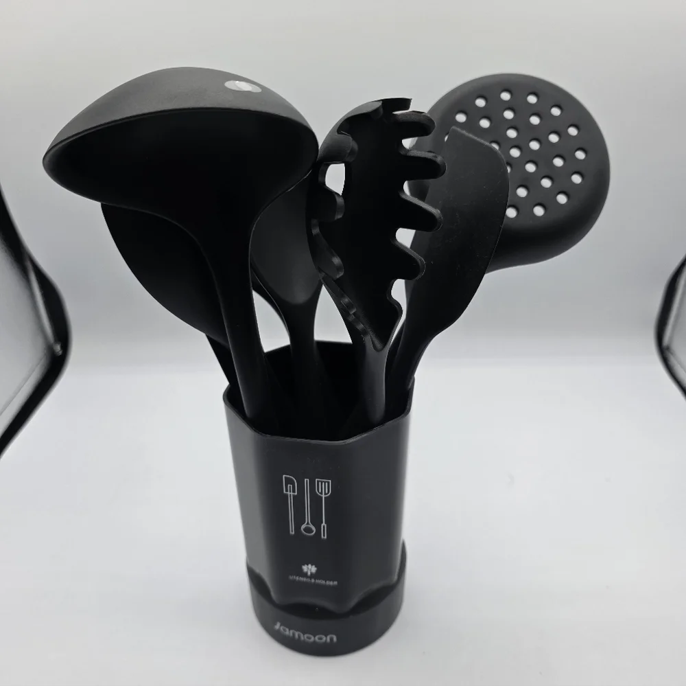 Silicone Cooking Utensils 9 Piece Baking Black W/Holders Beachwood Handles 480 °